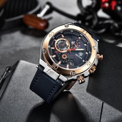 BENYAR 2021 New Military Watch for Men 30M Waterproof Leather Men Quartz Wristwatches Top Brand Fashion Casual Chronograph reloj