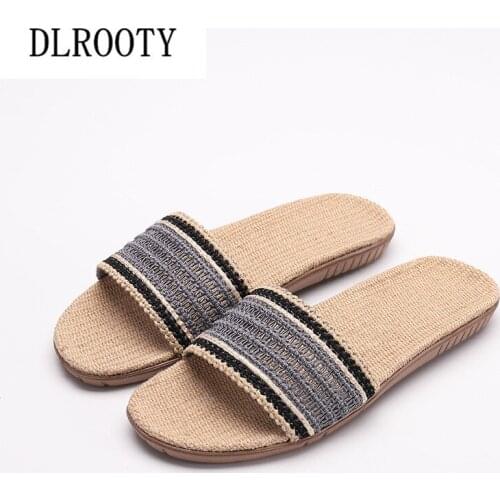 Men Slippers Sandals Flip Flops 2019 New Summer Fashion Breathable Hemp Non-slip Shoes Man Home Slides Striped Casual Male