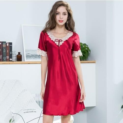 New Summer Sleepwear Faux Silk Nightdress Women Sleep Dress Casual Nightgown Lace Nightwear Silky Satin Home Dressing Gown