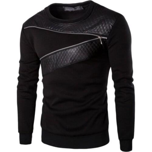 New style Fashion Comfortable Round Neck Leather Patchwork hoodie men zipper decorated long-sleeve sweatshirt casual oversized