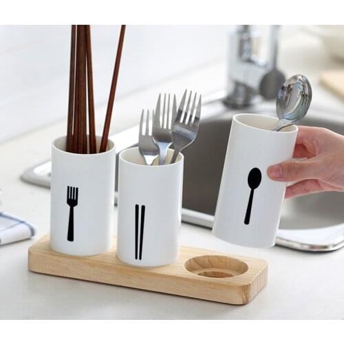 Flatware Organizer with Wood Base Cutlery Utensil Holder Spoons Forks Chopsticks Storage Rack for Kitchen Countertop