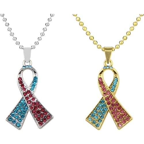 AIDS Awareness Pink Ribbon AIDS Pendant Necklace Charm Inlaid Rhinestone Crystal Pendant Necklace Jewelry Charity Warm Gift