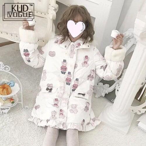 Japenese Harajuku Woman Winter Coats And Jacket Lolita Autumn Oversize Coat Cartoon Cute Sweet Hooded Bear Thick Coat Girl Parka