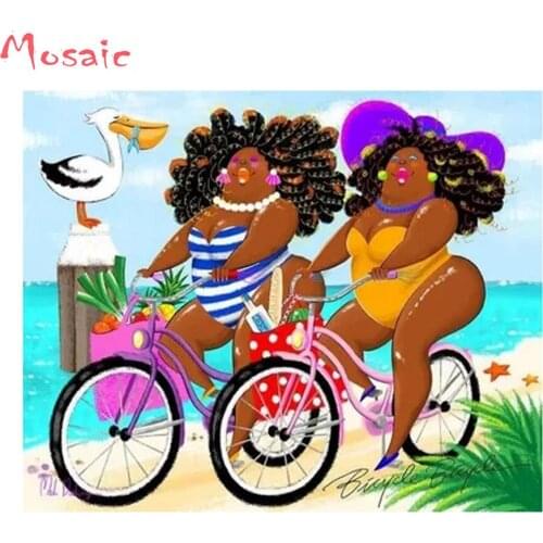 Full Square/Round Seaside holiday Diamond Painting "Ride bike Fat woman" Embroidery Cross Stitch mosaic diamond Home Decor