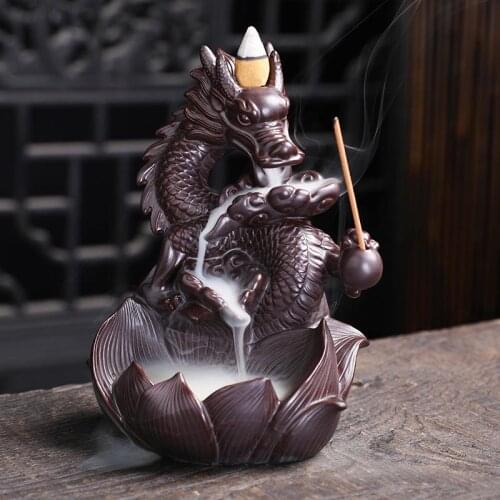 With 20 Pcs Cones Dragon Backflow Incense Burner Smoke Waterfall Incense Sticks Holder Home Decor Porcelain Plated Censer Decor
