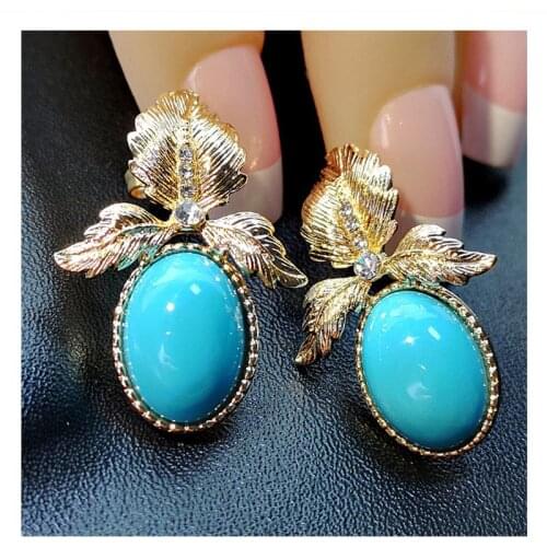 Gorgeous 24K Gold Leaf Set Diamond Hanging Turquoise Hoop Earrings Bride Wedding Engagement Jewelry Gifts