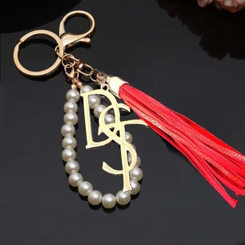 Topvesko Drop shipping Greek sorority DST letter pearl Long Leather Tassel Keychain