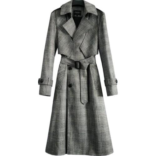 Mens trench coats man Double breasted long coat men clothes Business fashion plaid spring autumn slim grey overcoat long sleeve