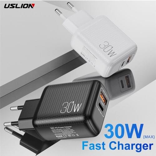 USLION PD 30W USB C Quick Charge PD QC 3.0 Type C Fast Charging For iPhone 12 Pro Samsung Xiaomi redmi Wall Mobile Phone Charger