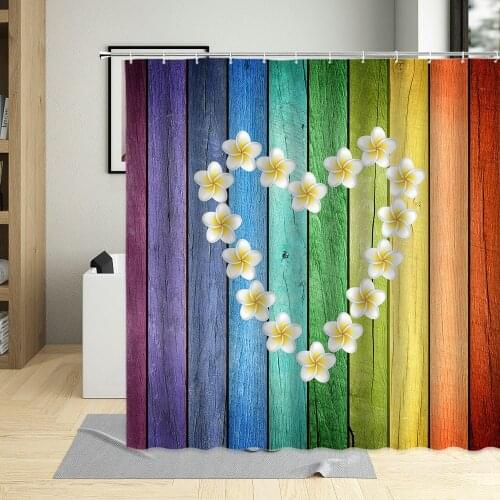 Rainbow Colors Retro Old Wooden Board Shower Curtain Love White Flowers Bathroom Blue Wood Grain Curtains With Hooks Waterproof