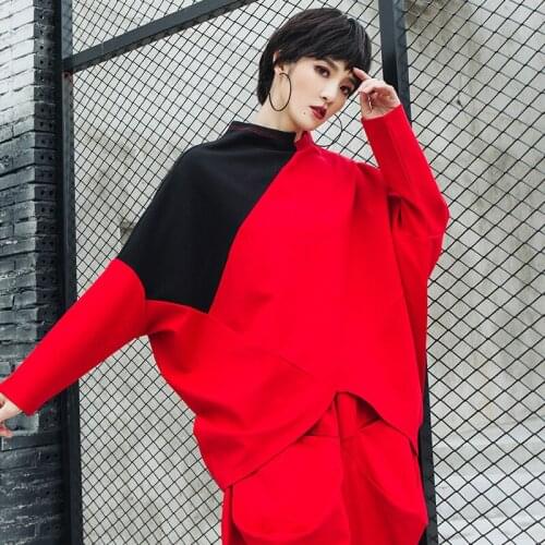 Ladies spring and Autumn new European and American two color Mosaic design irregular personality fashion large size T shirt