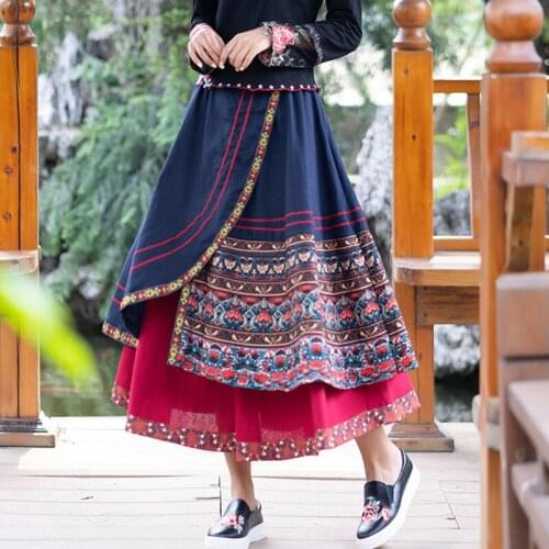 Chinese Style Ethnic Vintage Women Long Colour Large Swing Skirts 2021 New Harajuku Asymmetry Splicing Faldas Jupe Longue Femme