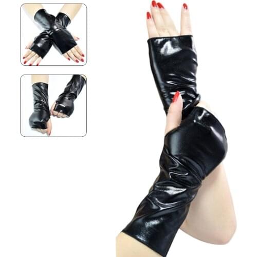Women Punk Shiny Faux Patent Leather Short Fingerless Gloves Halloween Costume Hip Hop Dance Party Half Finger Mittens