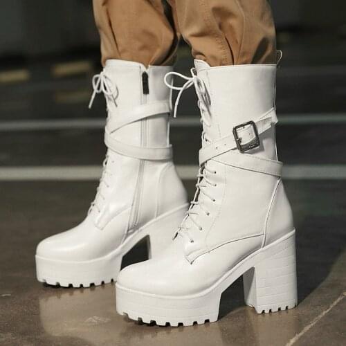 Autumn Winter Female Martin Boots Fashion Buckle Platform Women Shoes Square High Heel Cross Tied Zipper Short Boots Woman