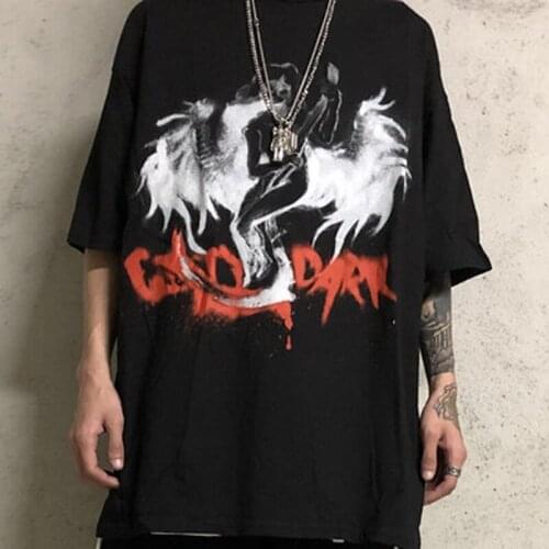 Women T-Shirts Punk Gothic Anime Cartoon Print Harajuku Vintage Short Sleeve Y2K Clothes Dropshipping Plus Size Black Cotton Top