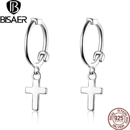 BISAER Authentic 925 Sterling Silver Faith Cross Women Drop Earrings Women Fashion Cross Shape Sterling Silver Jewelry ECE547
