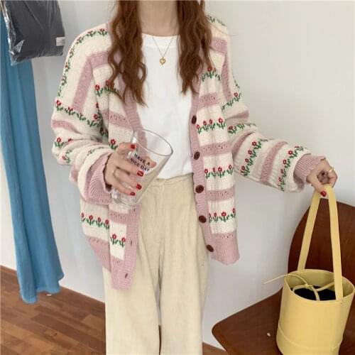 Alien Kitty Vintage Floral Single-breasted Knitted Cardigan Sweater Coat Women 2020 New Elegant Autumn Loose Hollow Out Sweaters
