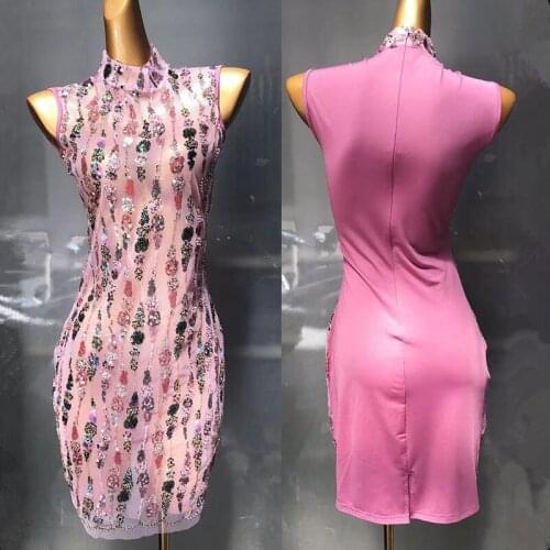 Women Glitter Sequins Pink Mesh Short Dress Sexy Sleeveless Pink Transparent Outfits Bar Club Birthday Party Singer Stage Wear