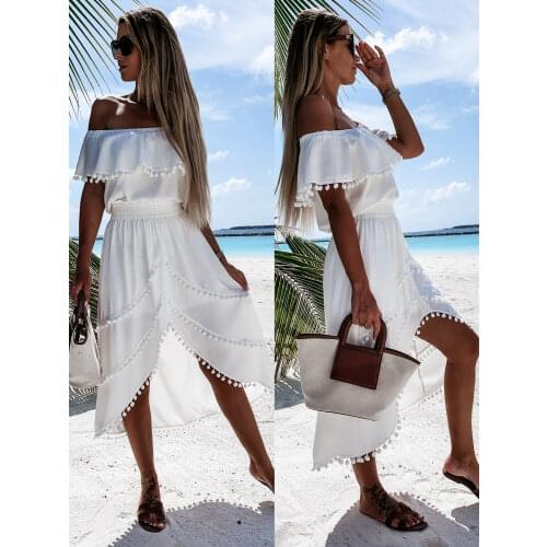 Women Casual Bohemian Style Long Dress Slash Neck Off The Shoulder Solid Color Slim Tassel Ruffles Irregular Hem Vestidos Summer