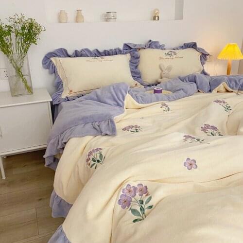 Winter Thickening Embroidery Skin Velvet Four-Piece Set Thermal Coral Fleece Milk Fiber Flounce Quilt Cover