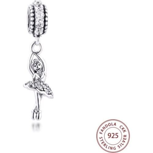 100% 925 Sterling Silver Clear CZ Ballerina Dangle Charms Beads for Women Fits Original Bracelets DIY Jewelry Making Berloques