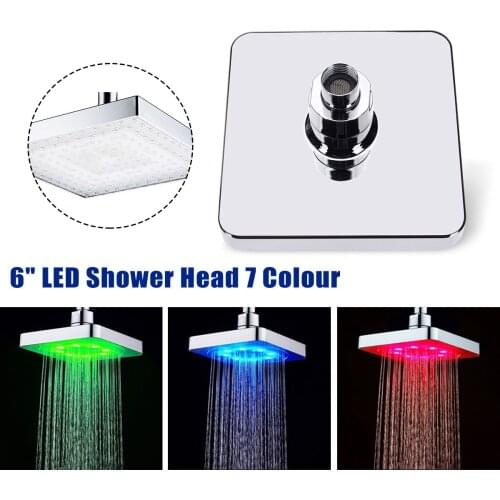 6 Inch ABS Square Adjudtable Rainfall LED Changing Shower Head Water Flow Spray Temperature Sensor Chrome Finish