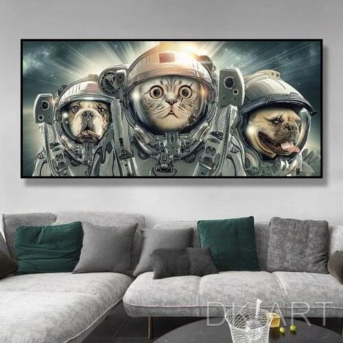 Astronaut Cat Dog in Space Canvas Painting Creative Wall Art Posters and Prints Animals Pictures for Living Room Home Decoration