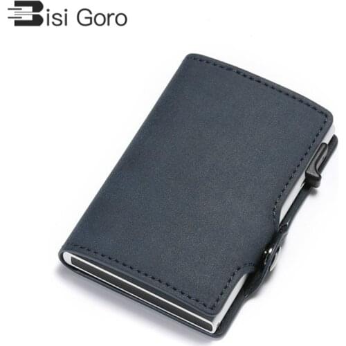 BISI GORO 2021 New Men Business Credit Card Holder PU Leather Card Holder Metal RFID Double Aluminium Box Travel Card Wallet Red