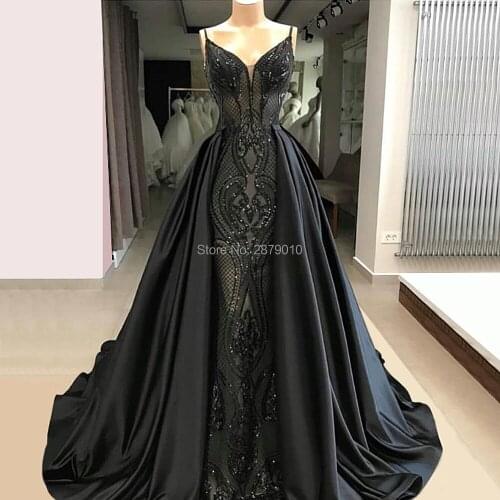 Black V-Neck Mermaid Evening Dress Celebrity Sleeveless Floor-Length Satin Tulle Sequins Prom Party Dress Women Dress Turkish