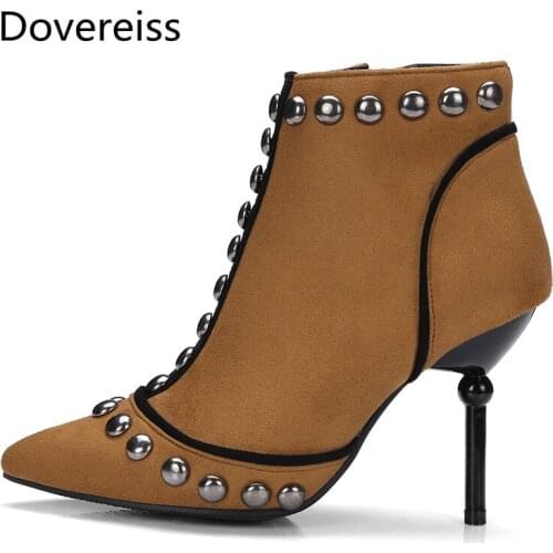 Dovereiss Fashion Womens Shoes Winter Sexy Zipper Elegant sexy Pointed toe Rivets brown black Concise Stilettos heels Mature 48