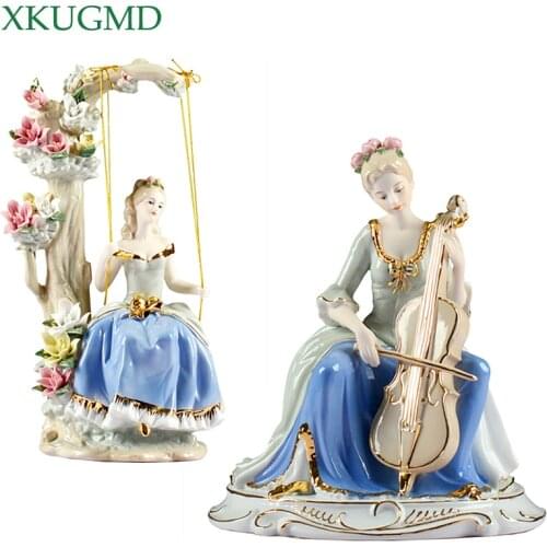 Riding Girl Ceramic Ornaments Painted Figures Statues Western Women Desktop Crafts Horse Sculpture Home Decorations Accessories