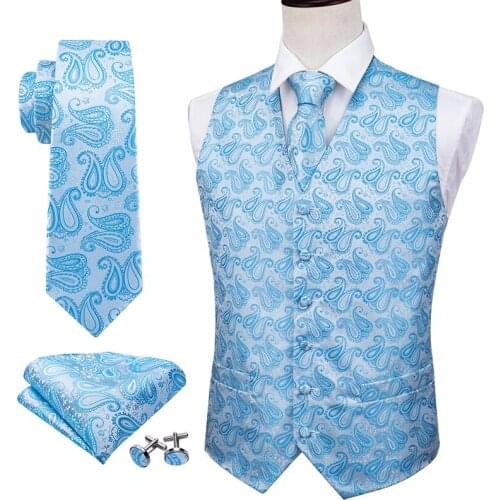 Men Formal Waistcoat Summer Blue V-neck Vests Silk Paisley Necktie Tie Handkerchief Cufflinks Set for Tuxedo Barry.Wang MJ-2006