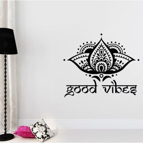 Good Vibes Wall Sticker Quotes Lotus Flower Vinyl Wall Decal Yoga Studio Boho Home Design Decoration Removable Mural Art S823
