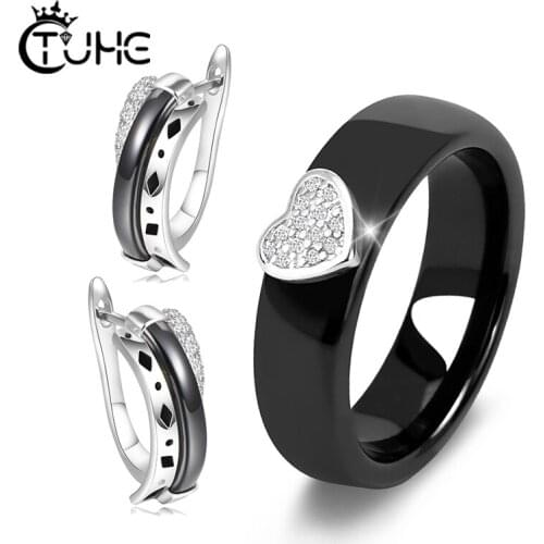 Heart Ring For Women Zircon Earring 2021 Trend Jewelry Set Ceramic Set Wedding Party Black White Color Stainless Steel