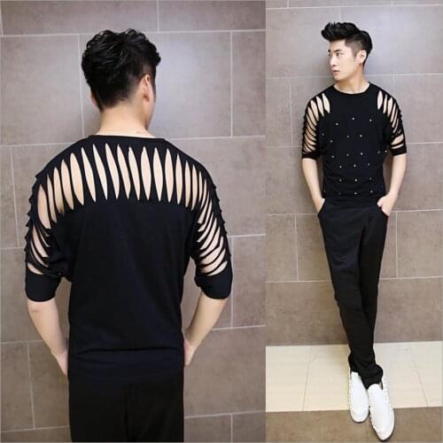 Korean New Fashion Tops Men Short T-shirt Slim Rivet Hollow Show T-shirt Personality Tide Nightclub Singer Costumes Clothing