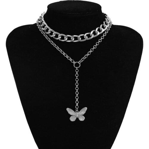 Layered Necklace Butterfly Pendant Alloy Punk Link Chain Choker Dangle Necklace for Lady Punk Necklace Personal Necklace