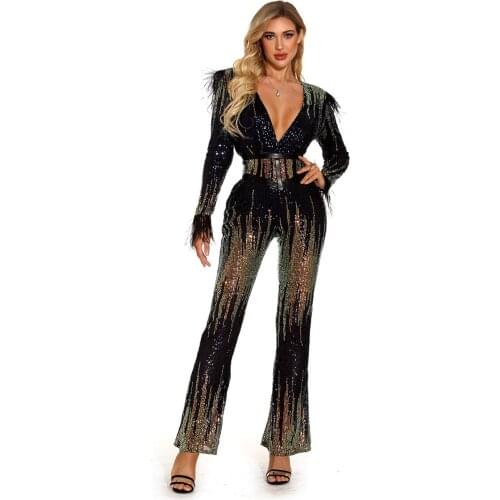 New Arrival Long Sleeve V-Neck Fur Sequin Womens Romper Jumpsuit Evening Party Jumpsuits