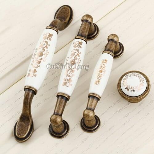 Retro 10PCS European Antique Kitchen Door Furniture Handle Ceramic Printing Drawer Wardrobe Cupboard Cabinet Pulls Knobs&Handles