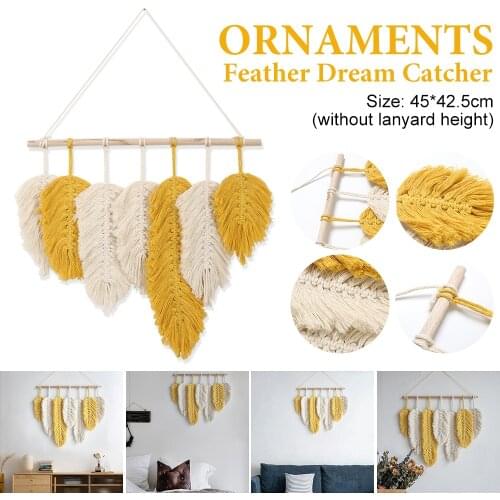 Hand-made Macrame Wall Hanging Feather Cotton Woven Leaves Living Room Headboard Door Porch Hangings Boho Decor Wall Tapestry