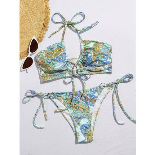 Sexy Floral Print Bikini 2021 Women Lace Up Bandage High Cut Swimsuit Brazilian Beach Bathing Suit Thong Swimwear Traje De Bano
