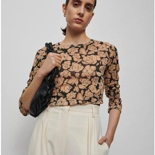 Rose Print Base Shirt Womens Printed Round Neck Long Sleeve Thin Top Spring / Summer 2021