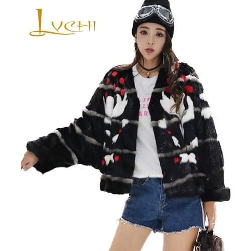 LVCHI Winter 2019 V-Neck Real Mink Fur Coat Womens Striped Long Sleeve Print Flower Jacket Coat Short Colorful Slim Mink Coats