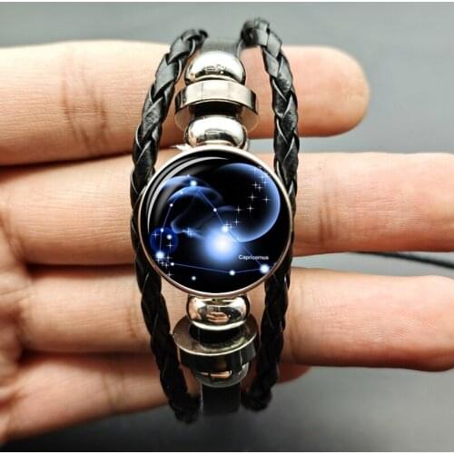 New Zodiac Constellation Leather Bracelet Glass Dome Gemstone Virgo Libra Scorpio Cancer Leo Fashion Leather 12 Pieces