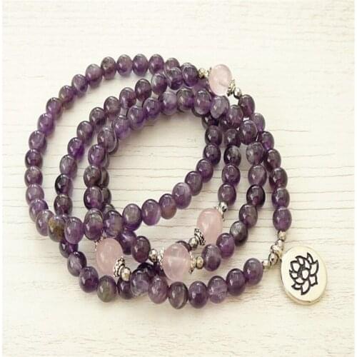 6mm Amethyst Gemstone Rose Quartz 108 Bead Mala Bracelet Unisex Meditation Ruyi Pray Cuff Lucky