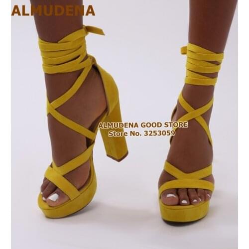 ALMUDENA Top Quality Yellow Suede Platform Chunky Heels Gladiator Sandals Lace-up Cross Strappy Banquet Shoes Nightclub Pumps
