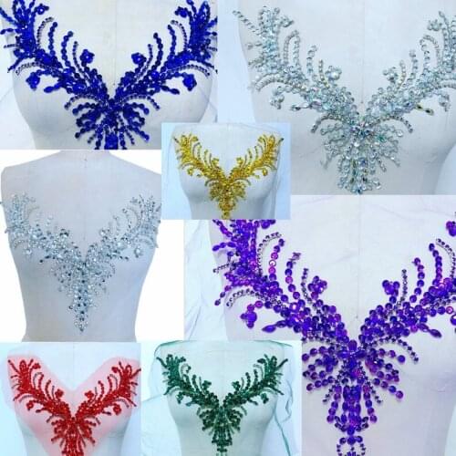 Sparkle Gold Silver Lace Bodice Applique Heavy Beaded Patch Rhinestone Sequins Applique Wedding Evening