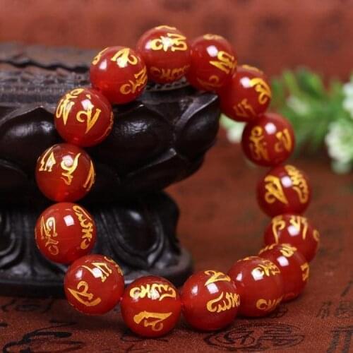 Natural red black agate handcarved beads six-character Mantra bracelets for couples women men beads bracelet with jade bracelet