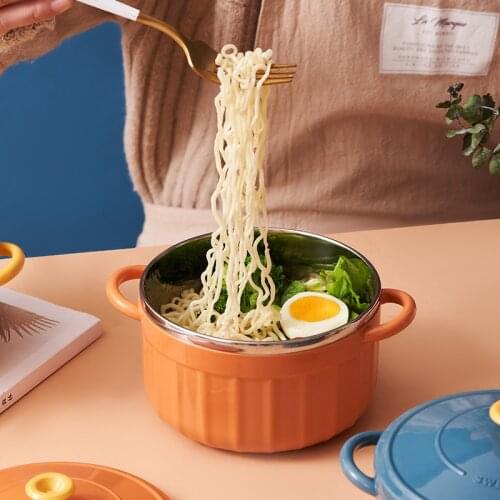 Stainless Steel Double-layer Bowl Anti-scalding Noodle Bowl With Lid Handle Soup Rice Fruit Salad Food Container Home Tableware