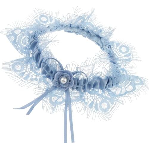 Elegant Wedding Bridal Lace Pearls Garter w/ Bow Knot Trim Bride to Me Hen Night Party Theme Dress Wedding Party Decor Blue
