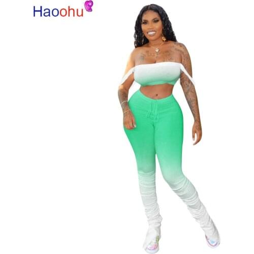 HAOOHU women Gradient spaghetti strap crop tops stacked bell bottom jogger sweatpants suit two piece set sport tracksuit outfit